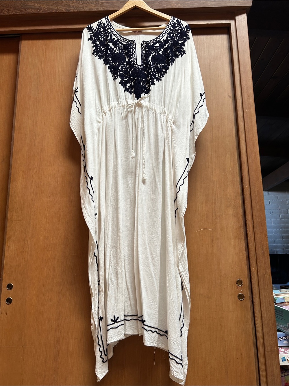 Embroidered Boho Caftan Dress in White with Navy Accents
